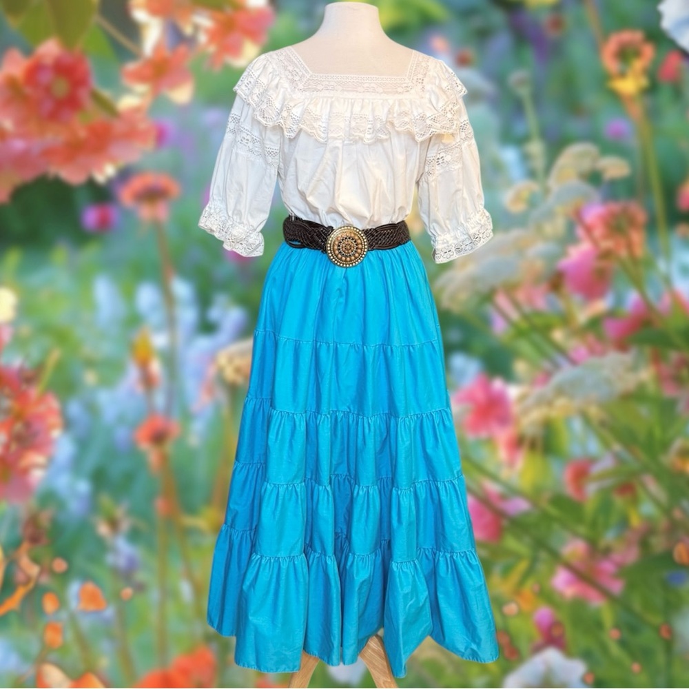 Vintage Square Dancing Top Shirt Blouse Lace Puff Sleeve Cottagecore L Large